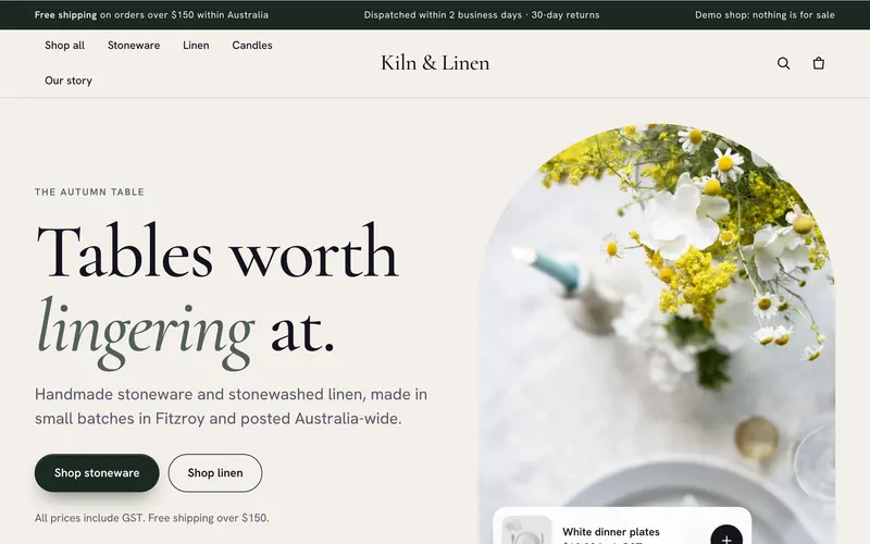 The Kiln & Linen demo shop's home page: a homewares store for an invented Fitzroy business, with its shop and cart in the menu.