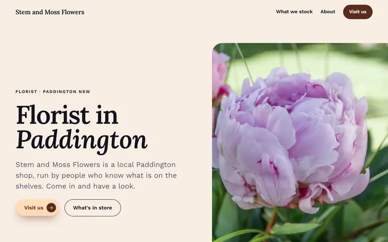 The preview for a florist in Paddington: a warm cream hero reading Florist in Paddington beside a photograph of a pink peony, with Visit us and What's in store buttons.